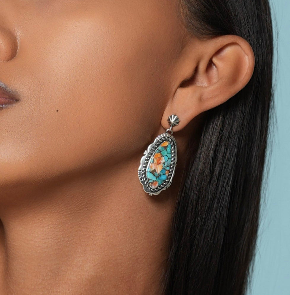 Turquoise & Spiny Oyster Earrings - Post back dangles