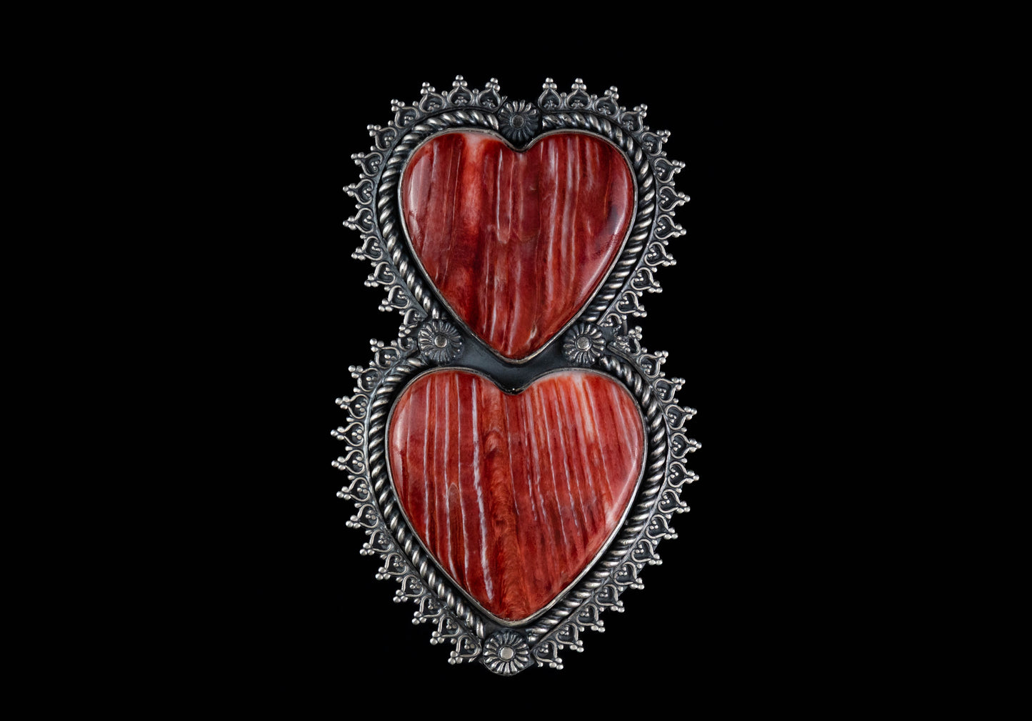 Double Heart Red Spiny Oyster Shell Ring – Handcrafted Sterling Silver, Size 10.5