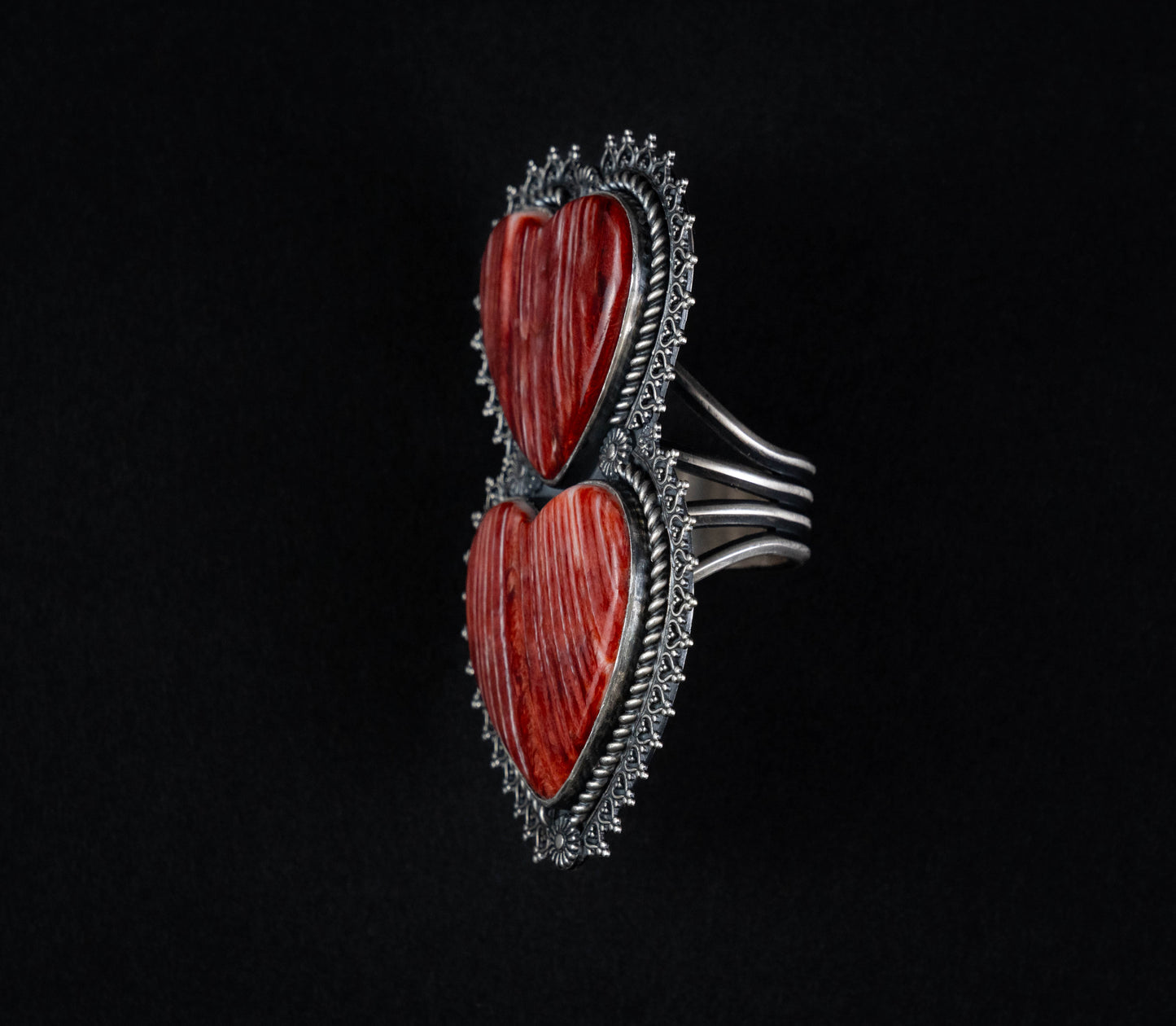 Double Heart Red Spiny Oyster Shell Ring – Handcrafted Sterling Silver, Size 10.5