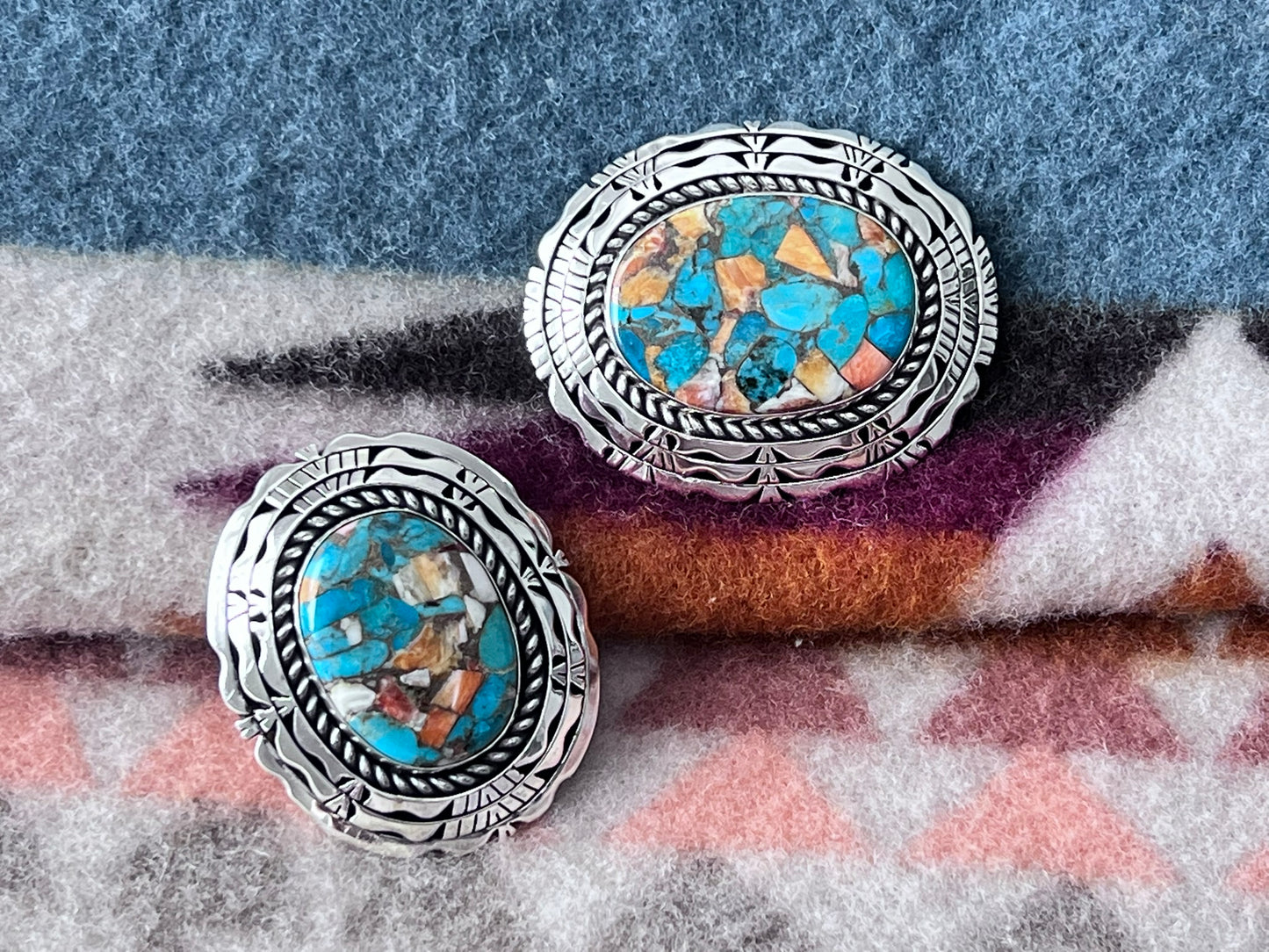 Kingman Turquoise & Spiny Oyster Mosaic Silver Pins