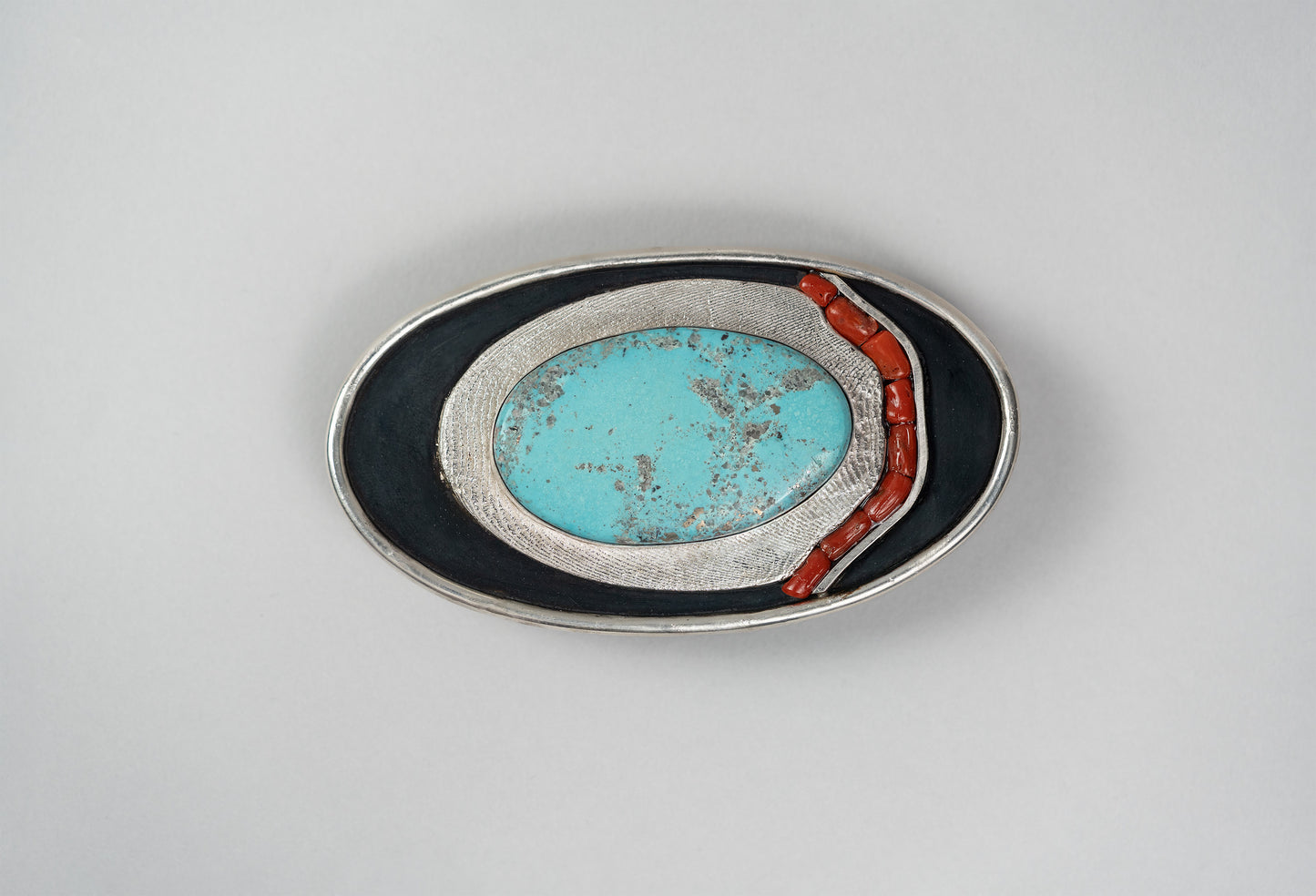 Oversized turquoise Belt Buckle with Mediterranean coral inlay