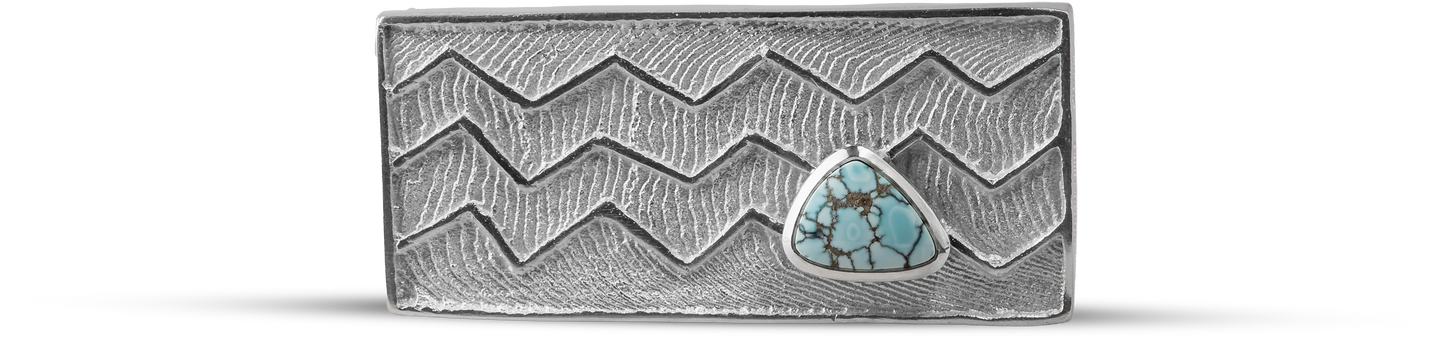 Cuttlebone cast belt buckle with Lone Mountain turquoise