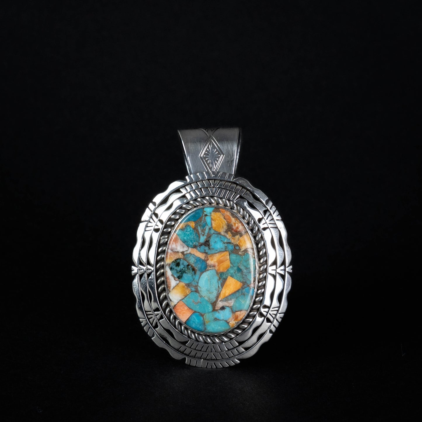 Kingman Turquoise & Spiny Oyster Mosaic Silver Pins