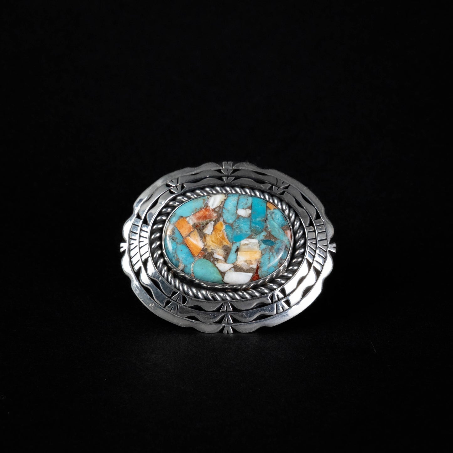 Kingman Turquoise & Spiny Oyster Mosaic Silver Pins