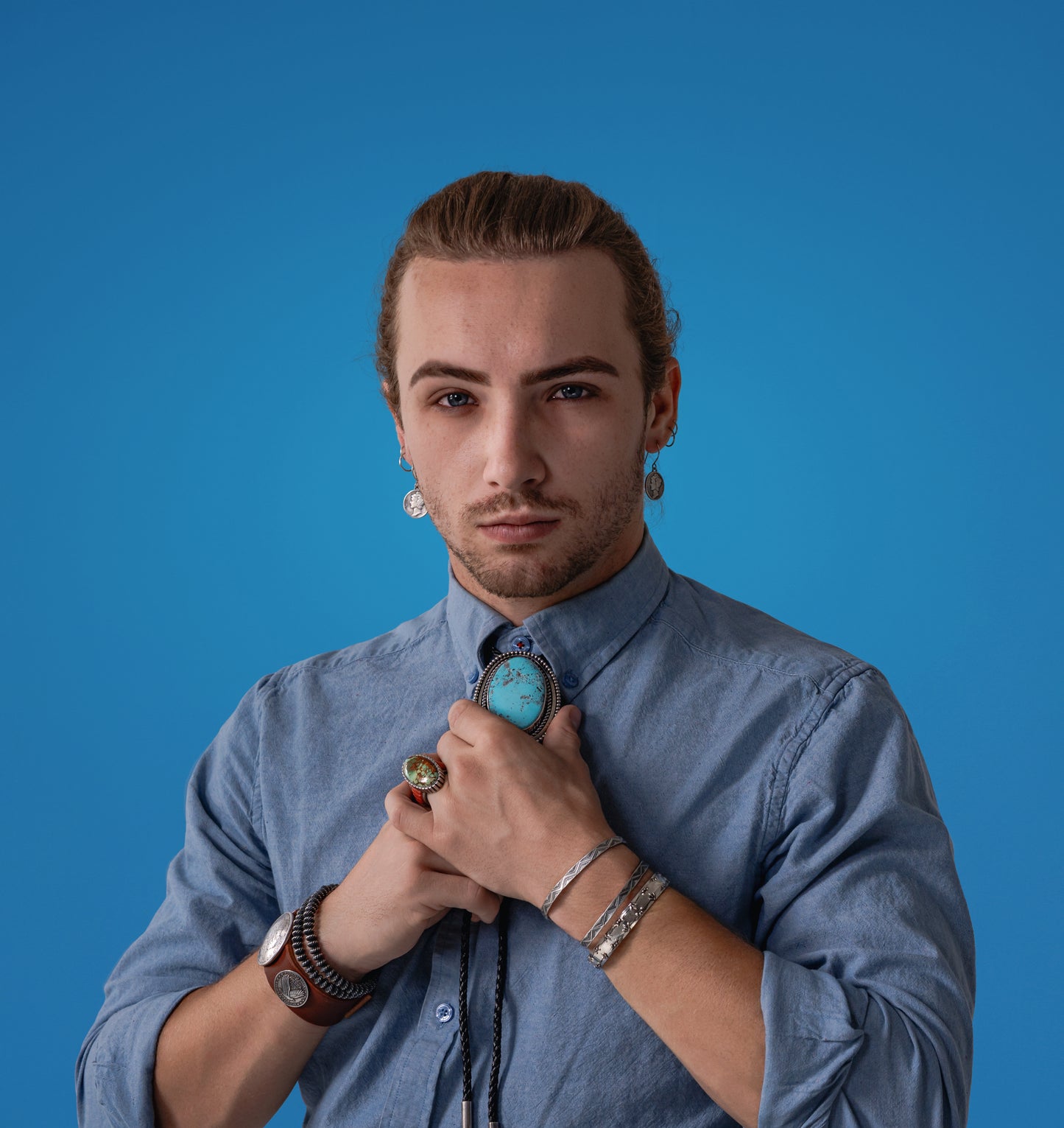Royston Turquoise and Coral Inlay Ring | Castellated Bezel | Size 8.5