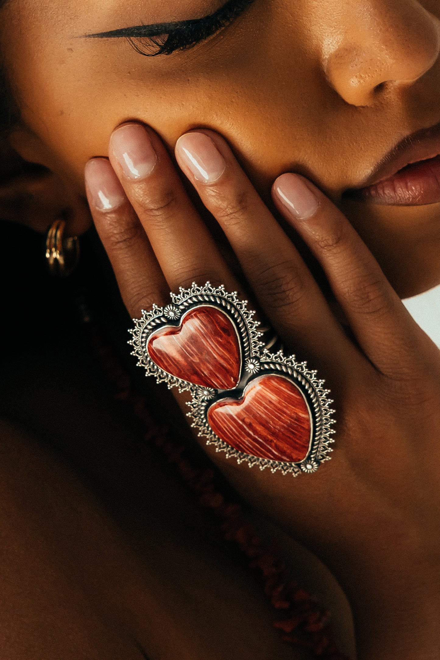 Double Heart Red Spiny Oyster Shell Ring – Handcrafted Sterling Silver, Size 10.5