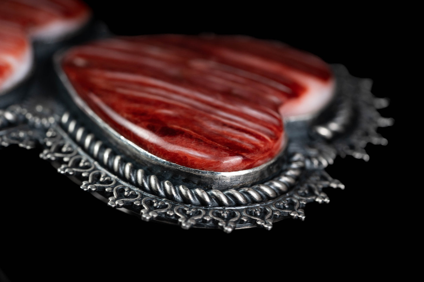 Double Heart Red Spiny Oyster Shell Ring – Handcrafted Sterling Silver, Size 10.5