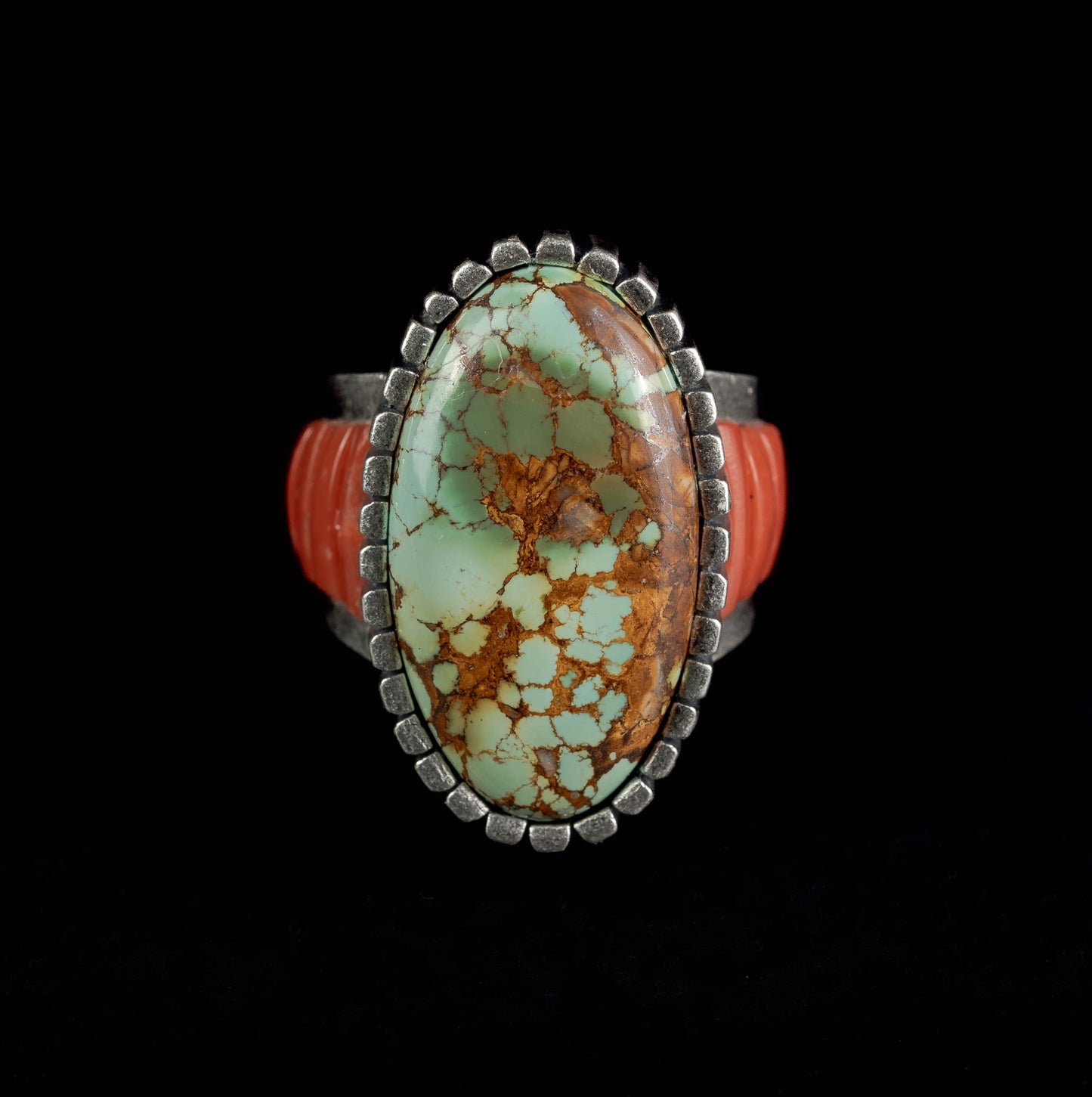 Royston Turquoise and Coral Inlay Ring | Castellated Bezel | Size 8.5