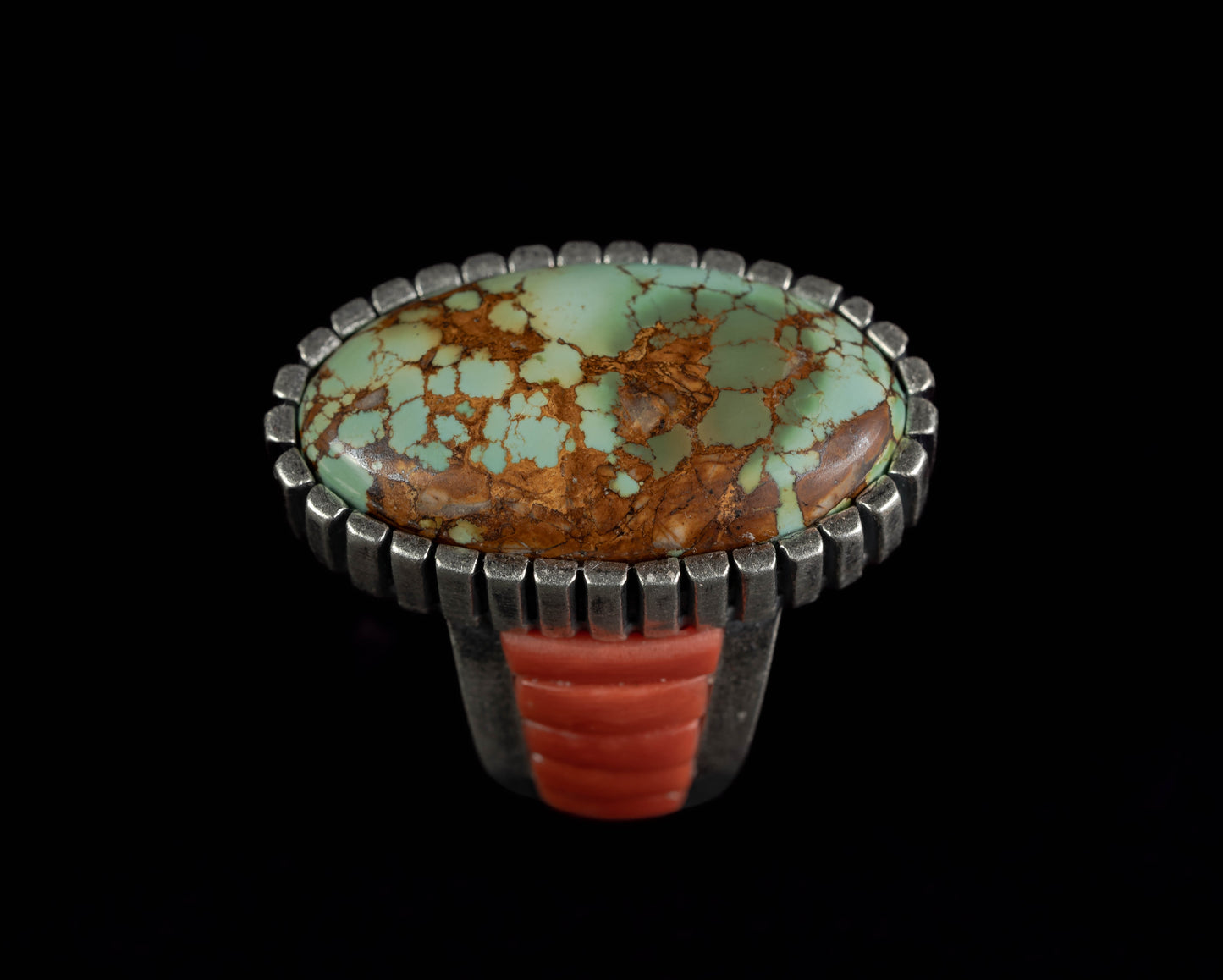 Royston Turquoise and Coral Inlay Ring | Castellated Bezel | Size 8.5