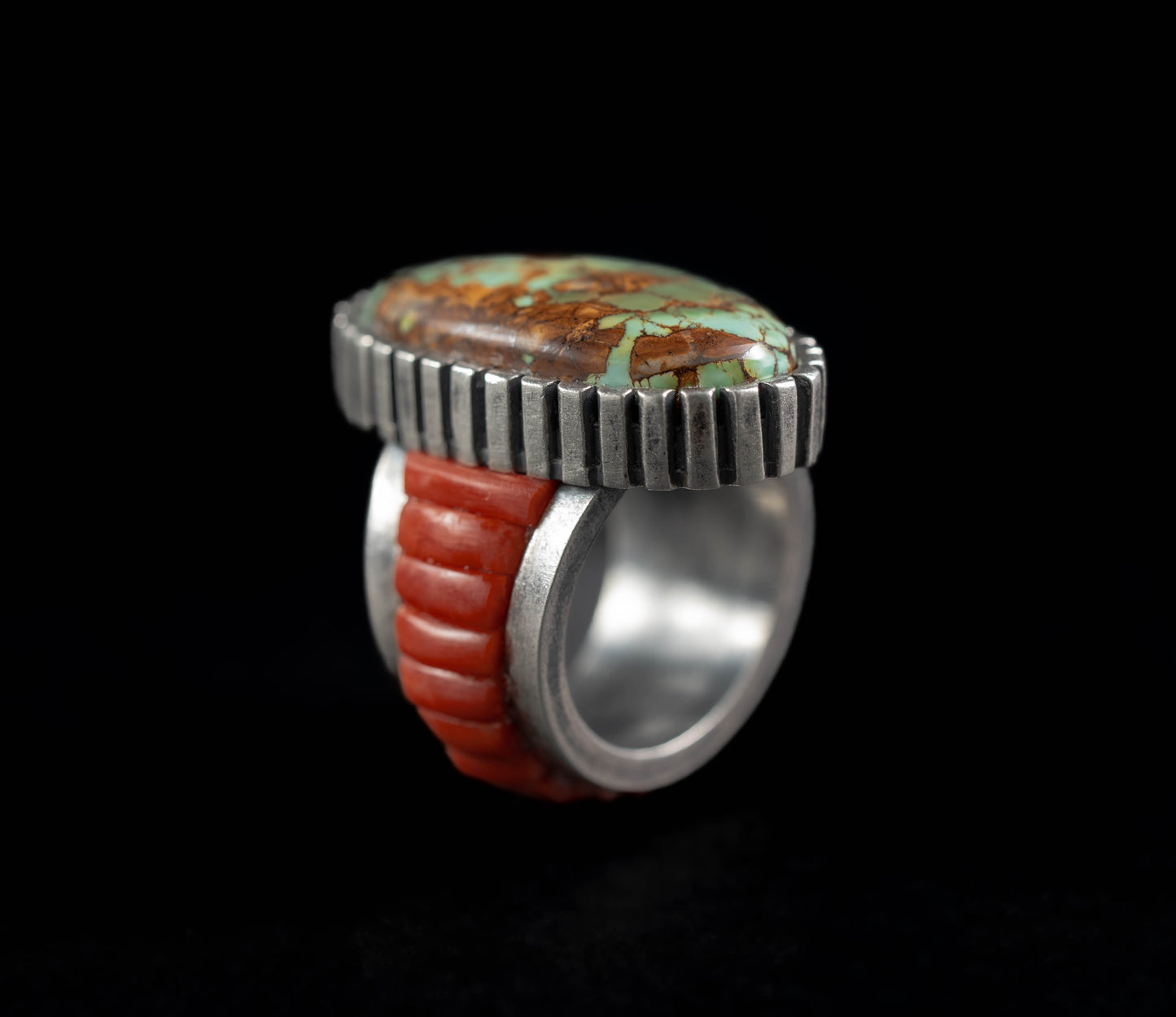 Royston Turquoise and Coral Inlay Ring | Castellated Bezel | Size 8.5