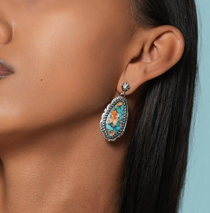 Turquoise & Spiny Oyster Earrings - Post back dangles
