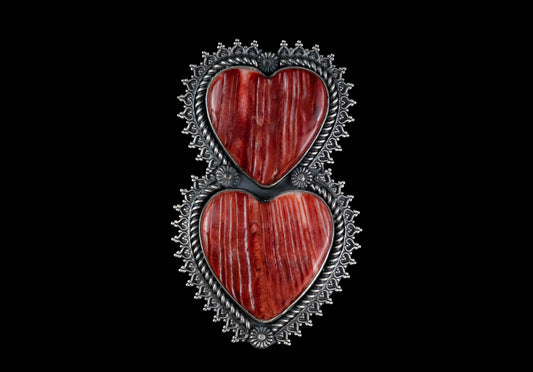 Double Heart Red Spiny Oyster Shell Ring – Handcrafted Sterling Silver, Size 10.5