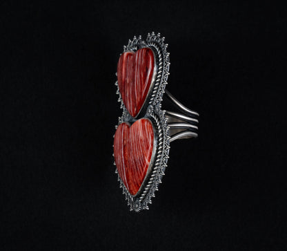 Double Heart Red Spiny Oyster Shell Ring – Handcrafted Sterling Silver, Size 10.5