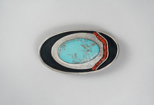 Oversized turquoise Belt Buckle with Mediterranean coral inlay