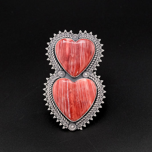 Double Heart Red Spiny Oyster Shell Ring – Handcrafted Sterling Silver, Size 10.5