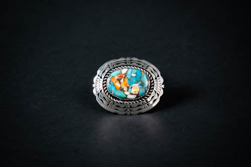 Kingman Turquoise & Spiny Oyster Mosaic Silver Pins