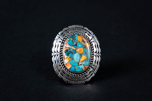 Kingman Turquoise & Spiny Oyster Mosaic Silver Pins