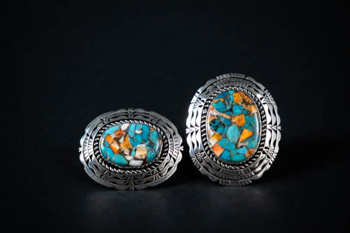 Kingman Turquoise & Spiny Oyster Mosaic Silver Pins