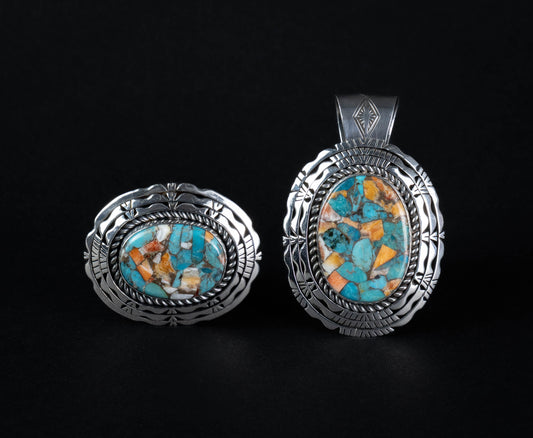 Kingman Turquoise & Spiny Oyster Mosaic Silver Pins