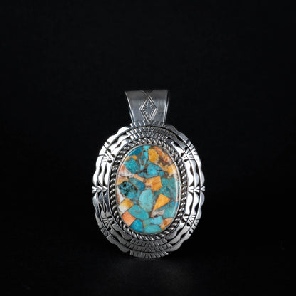 Kingman Turquoise & Spiny Oyster Mosaic Silver Pins