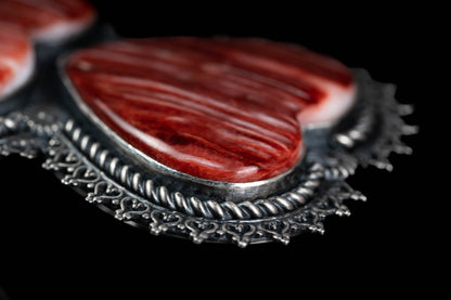 Double Heart Red Spiny Oyster Shell Ring – Handcrafted Sterling Silver, Size 10.5