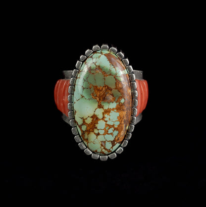 Royston Turquoise and Coral Inlay Ring | Castellated Bezel | Size 8.5
