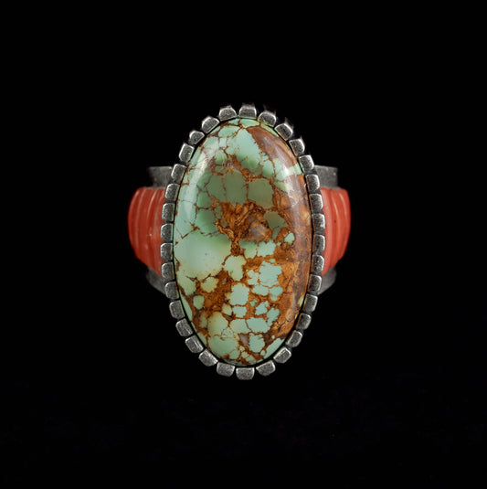 Royston Turquoise and Coral Inlay Ring | Castellated Bezel | Size 8.5