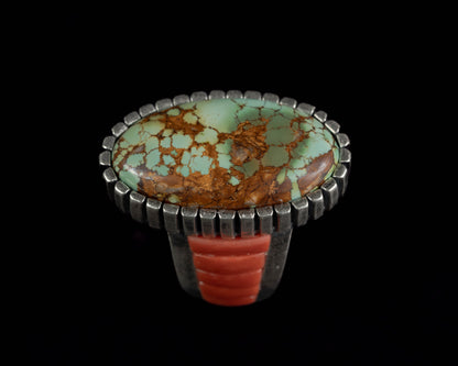 Royston Turquoise and Coral Inlay Ring | Castellated Bezel | Size 8.5