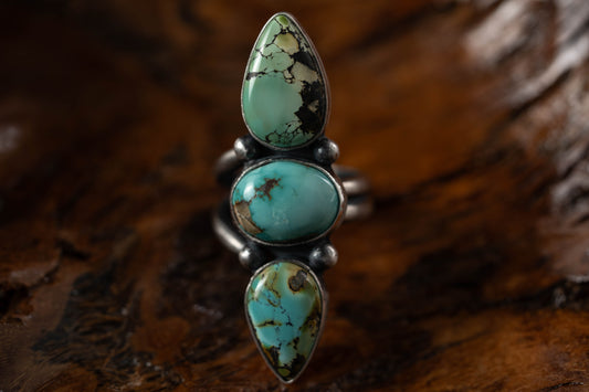Adjustable Three-Stone Black Hills Turquoise Sterling Silver Ring