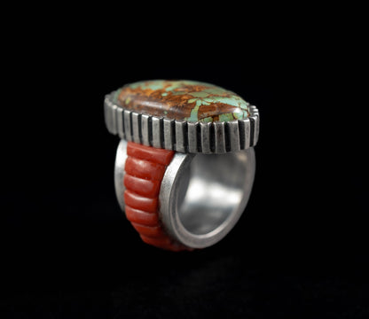 Royston Turquoise and Coral Inlay Ring | Castellated Bezel | Size 8.5